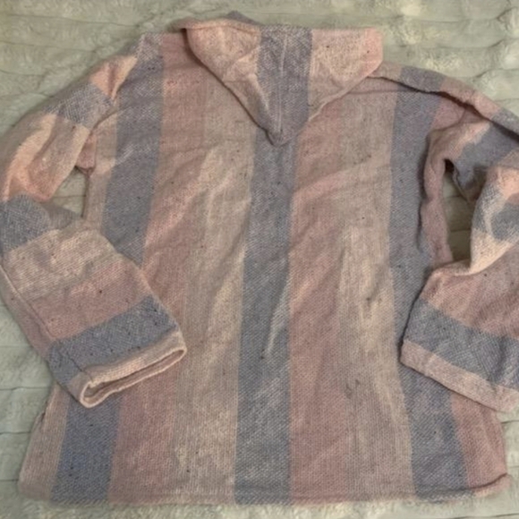 Y2K Vintage Baja Hoodie Drug Rug Pink Blue Striped Pullover Large Mexican Jumper - Picture 2 of 5